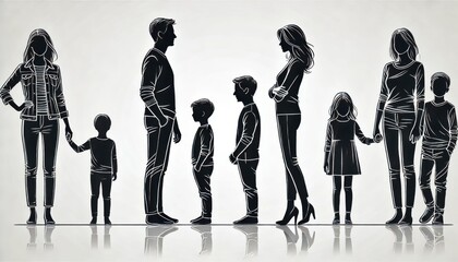 Fototapeta premium Minimalist family silhouette in profile, clean lines, on white background. Generated with AI