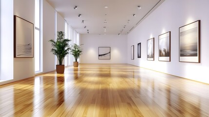 Obraz premium A minimalist art gallery space with white walls, spotlights on the artwork, and a polished wooden floor, emphasizing the art itself