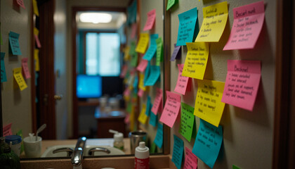 Colorful sticky notes reminding for exams in dim bathroom, motivation