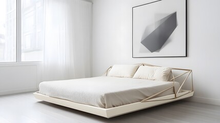 A minimalist bedroom with a geometric bed frame, neutral bedding, and abstract art on the walls, creating a clean and peaceful atmosphere