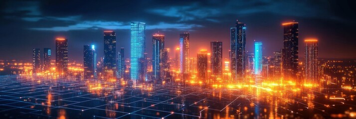 Fototapeta premium Futuristic Cityscape with Neon Lights and Digital Pathways in a Cyberpunk Urban Environment