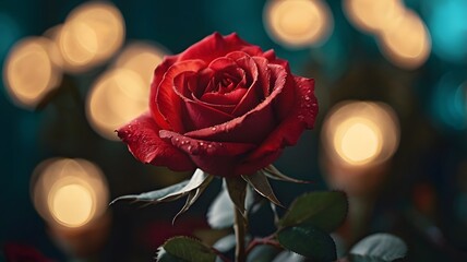 Close-up of a vibrant red rose with water droplets, illuminated by warm lights.