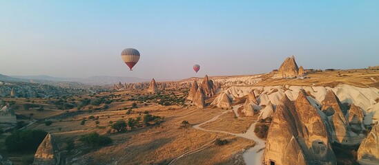 Naklejka premium Hot air balloons over scenic desert landscape, cliffs, sky.