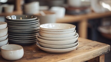 Stacked ceramic bowls and plates on wooden table.