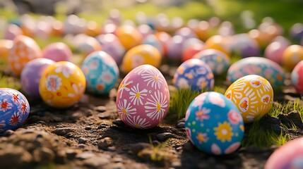 A colorful array of decorated Easter eggs scattered on grass, symbolizing spring festivities.