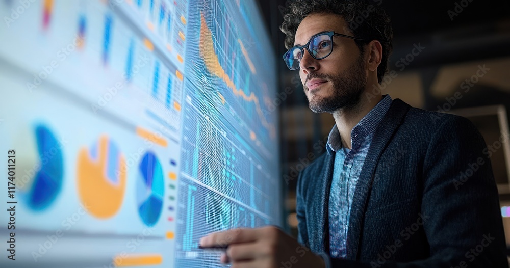 Aufkleber business analyst monitoring data on laptop next to digital screen with graphs and charts in modern o