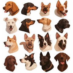 Set of Dog Heads from Different Breeds, Collection of Canine Breeds Isolated on White Background.