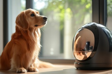 Fototapeta na wymiar Golden retriever curiously observing a modern pet food dispenser in a bright indoor setting