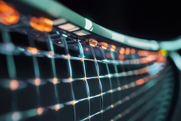 Close-up of a tennis net illuminated with colorful lights during a nighttime match