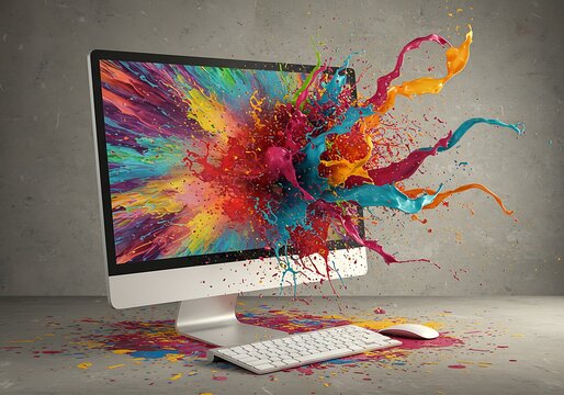 Creative computer exploding with splashes of colorful paint on desktop, concept. Think differently and work process, creative idea
