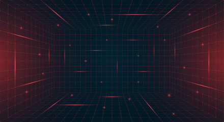 Obraz premium Futuristic HUD grid box featuring abstract wireframe design. Red dotted grid lines on dark blue background. Virtual reality landscape inspired retro 80s 90s digital aesthetic for modern nostalgic look