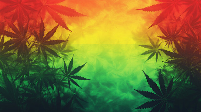 Cannabis leaves background, vibrant colors, reggae-inspired design, artistic pattern