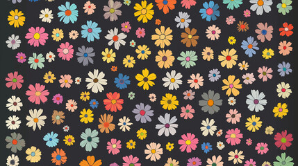 Colorful floral pattern, cheerful design, dark background, vibrant flowers