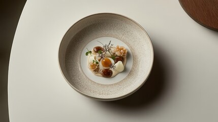 White table with intricately arranged artisanal dish on minimalist plate