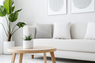 Scandinavian interior of cozy living room with white sofa, pillow, wooden side table, potted plant. Bright and airy living space in staged family home
