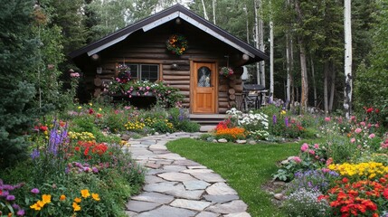Fototapeta premium Wooden cabin, stone path, vibrant flower garden.