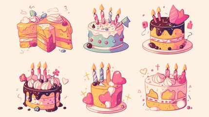 Set of stylized birthday cakes with colorful spots and decorations, hand-drawn cartoon outline sketch illustration.

