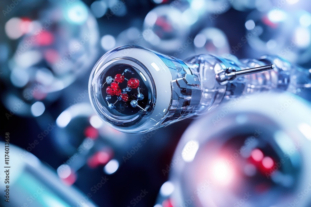 Poster innovative technology showcasing microscopic robotic components and molecular structures