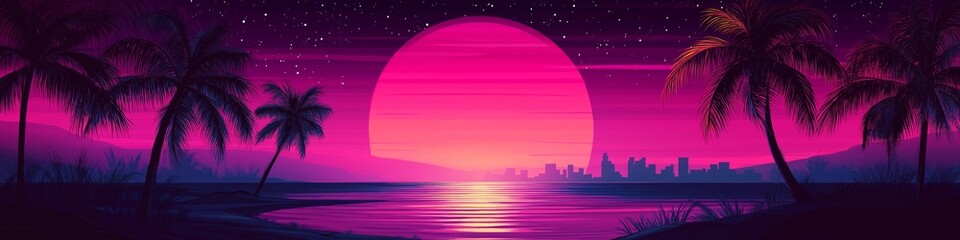 Naklejka premium A beautiful sunset with a large pink sun and palm trees in the background. The sky is filled with stars and the ocean is calm