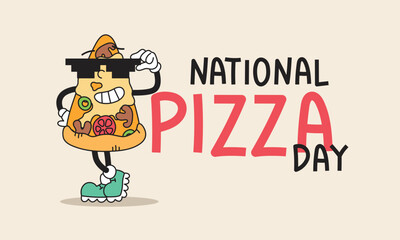 National Pizza day design template concept. Retro poster, banner for fast food. Pizza slice character. Vector groovy illustration