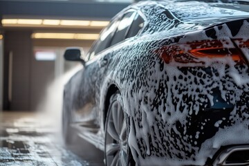 modern stylish car in foam on a car wash on dark background with copy space. car care banner with...