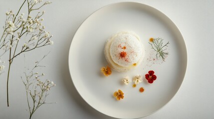 White table with delicate artisanal dish on sleek minimalist plate