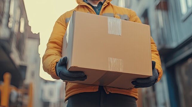 Male hands holding a parcel cardboard box in outdoor for distribution