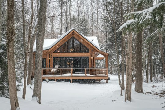 Wooden cabin, snow-covered, winter woods, snowy path.