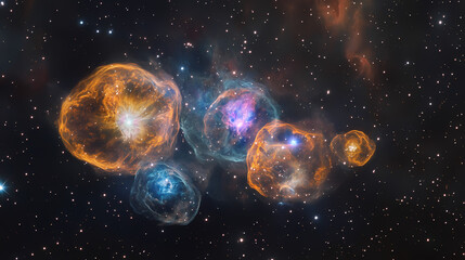Fototapeta premium A mesmerizing cosmic scene featuring colorful nebulae set against a starry sky, evoking wonder and imagination. Candescent. Illustration