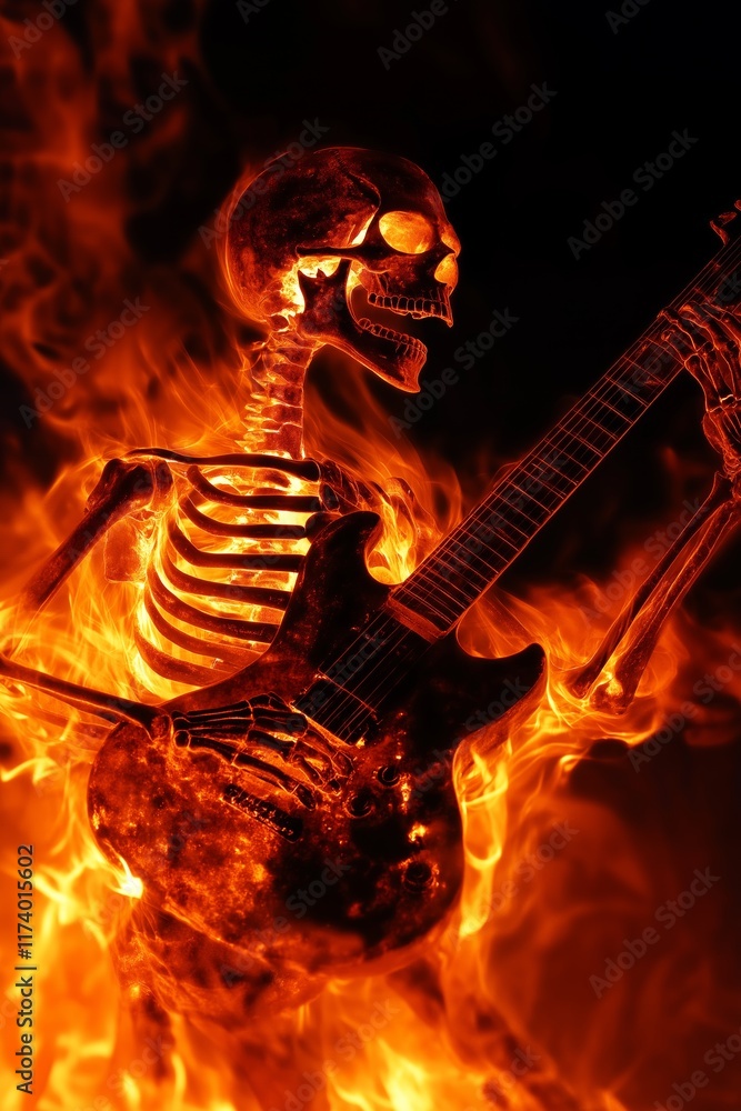 Poster a skeleton is holding a guitar and playing it in front of a fire. the image has a dark and eerie moo