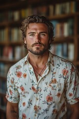 Obraz premium Attractive young business owner man in floral shirt smiling in daylight portrait