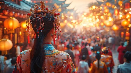 Chinese Lantern Festival: A woman in traditional Chinese dress gazes upon a vibrant, bustling street scene filled with glowing lanterns during the Lantern Festival.