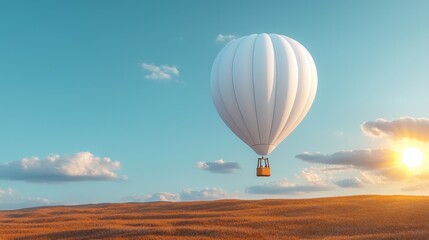 Obraz premium A serene hot air balloon floats above golden fields under a bright blue sky, illuminated by the warm glow of the setting sun.