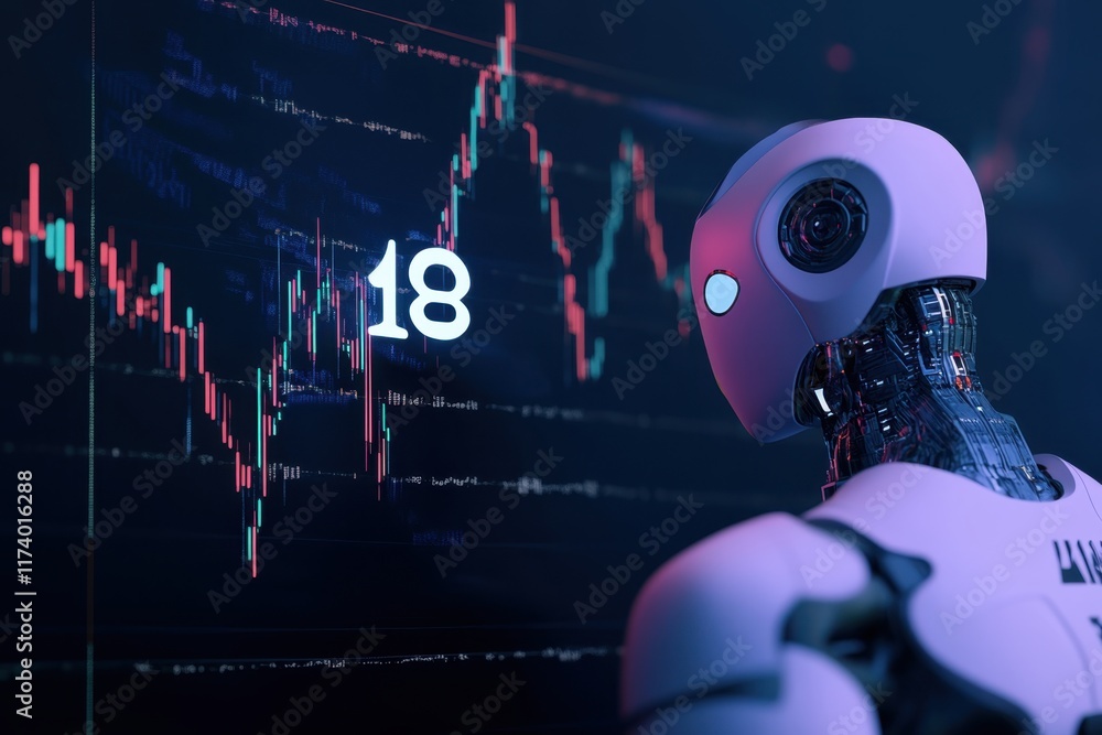 Poster robot analyzing stock market data in a futuristic trading environment with digital screens
