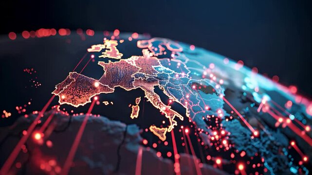 Europe network security, cyber attack, safety warning on digital globe, loop