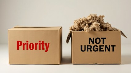 Two cardboard boxes, one labeled “Priority” and the other “Not Urgent,” reflect the unequal distribution of resources and societal neglect. A powerful visual metaphor for inequality.