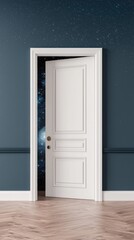 A white door stands open against a dark blue wall, revealing a starry scene beyond, creating a sense of mystery and exploration.