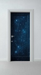 Fototapeta premium A door with a cosmic design, featuring stars and galaxies, set against a simple wall, creating an imaginative and dreamy atmosphere.