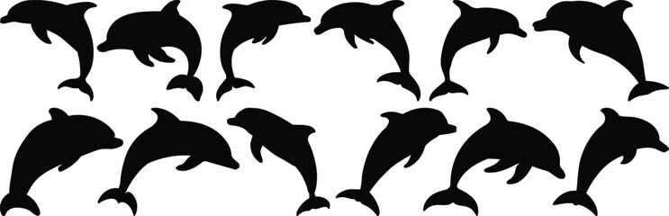 Dolphin silhouettes set, animal pack of vector silhouette design, isolated background