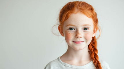Studio portrait of a playful red-haired child girl with freckles braided ponytail hairstyle, standing against a solid, white background, minimalistic, copyspace