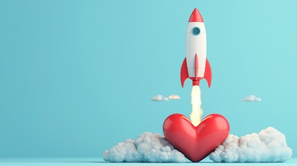 A rocket launching from a heart-shaped base, symbolizing love and ambition against a bright blue sky with clouds.