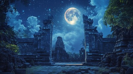 Obraz premium Moonlight illuminates old ruins at night.