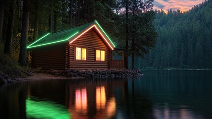 Remote Lakeside Cabins with Scenic Nature Views, a neon light photography composition highlighting a cabin glowing softly under neon green and pink reflections, with serene lake waters shimmering.