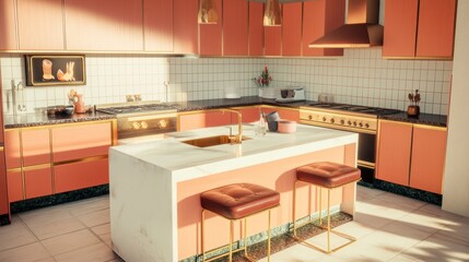 Sunny coral kitchen island, marble, retro design, home decor, morning light