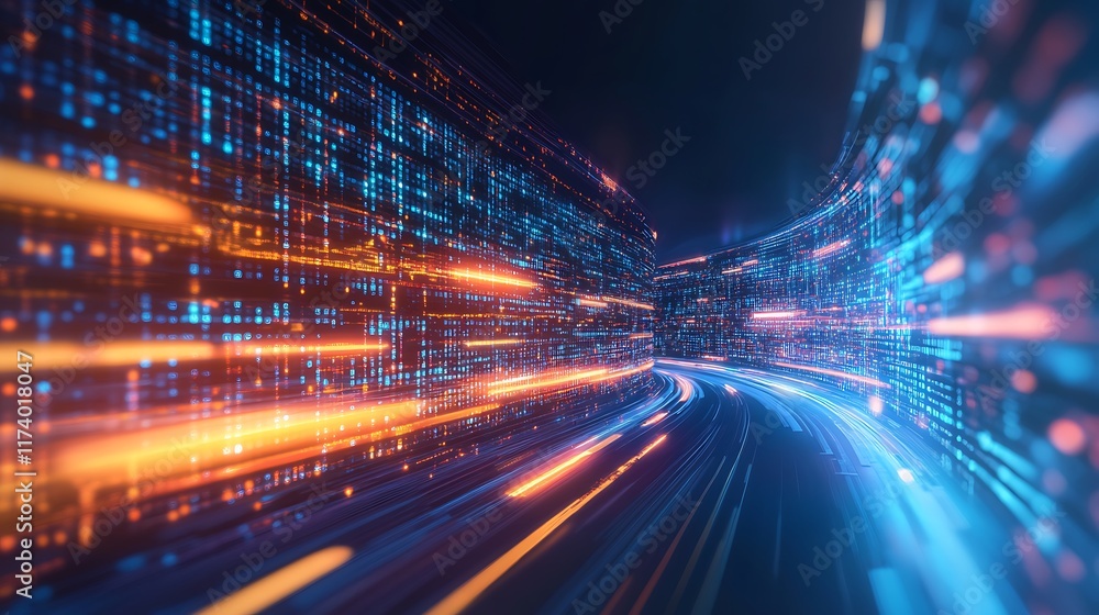 Poster digital data streams flowing through a futuristic highway