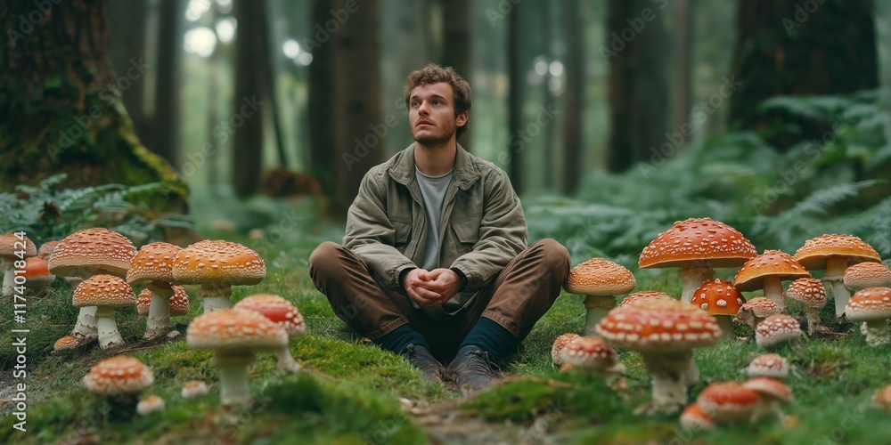 Poster a man sits in a field of mushrooms. the mushrooms are of various sizes and colors, with some being r