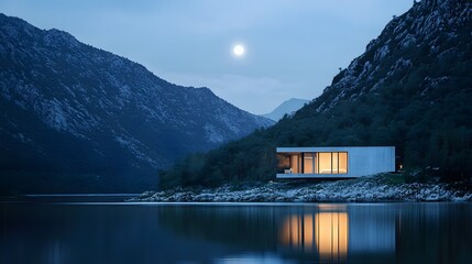 Fototapeta premium A minimalist luxury home, nestled near a tranquil lake amidst majestic mountains, exudes sophistication and tranquility as it basks in the soft glow of moonlight, creating a captivating scene