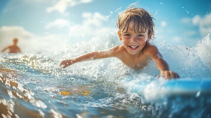 Happy boy bodyboarding on ocean wave.