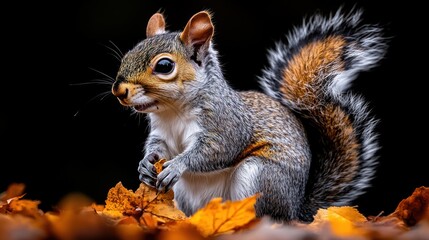 A close-up of a squirrel among autumn leaves, showcasing its fur and playful demeanor.