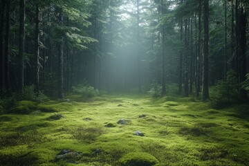 Obraz premium Misty forest with sunlight filtering through the trees